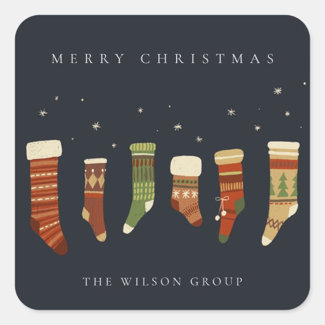 CORPORATE ELEGANT NAVY GREEN CHRISTMAS STOCKINGS SQUARE STICKER (Front)