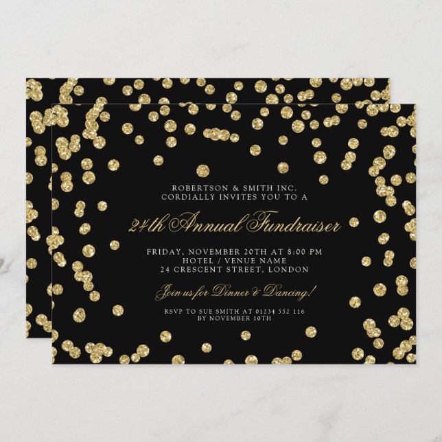Corporate Fundraiser Dinner Gold Confetti Black Invitation (Front/Back)
