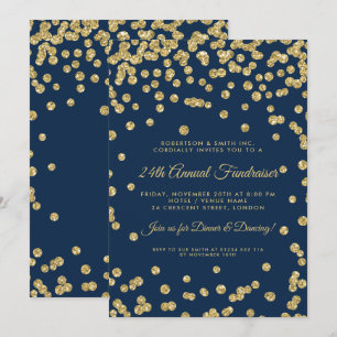 Corporate Fundraiser Dinner Gold Confetti Navy Blu Invitation
