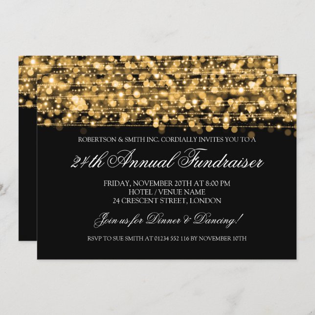 Corporate Fundraiser Gala Party Sparkles Gold Invitation (Front/Back)
