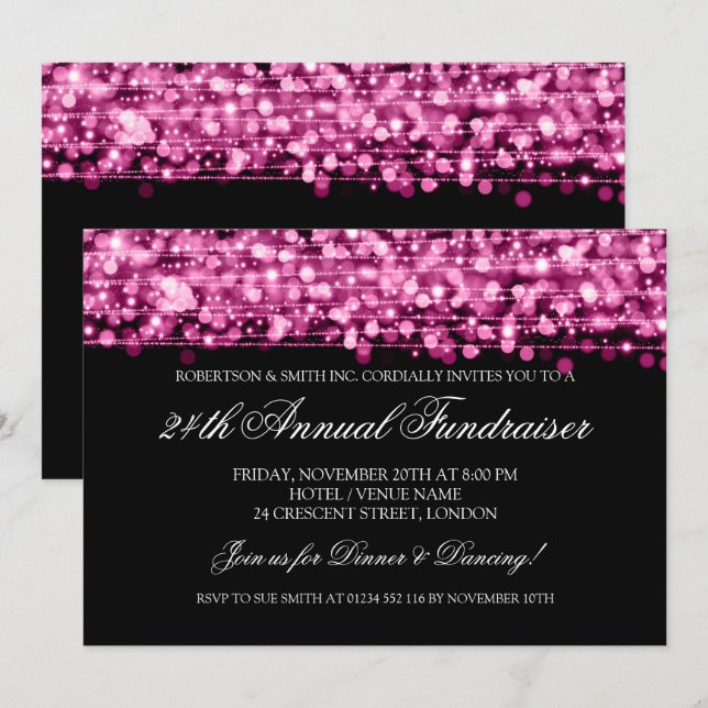 Corporate Fundraiser Gala Party Sparkles Pink Invitation (Front/Back)