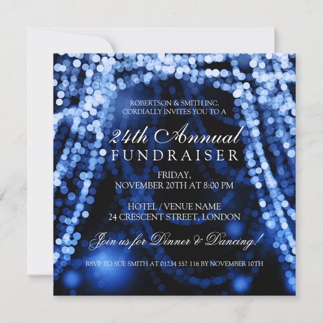 Corporate Fundraiser Party String Lights Blue Invitation (Front)