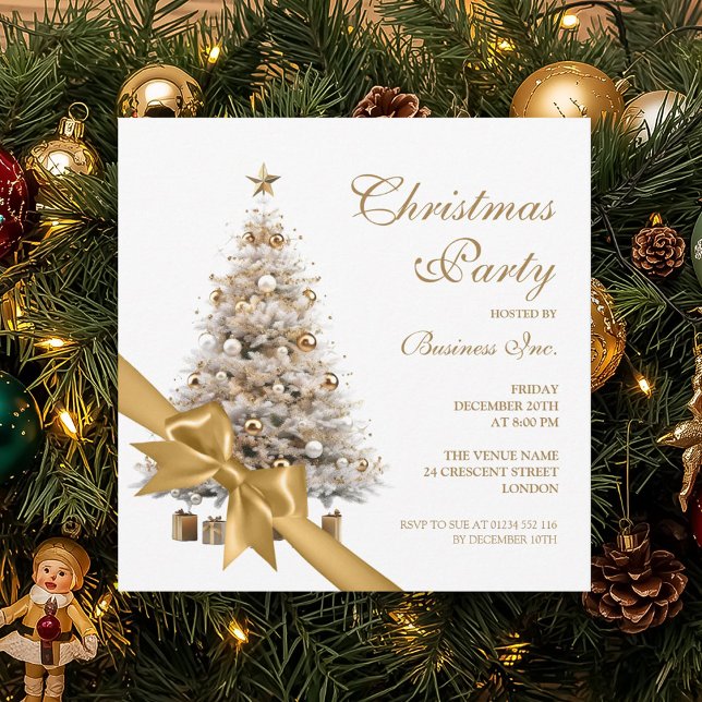 Corporate Gold Christmas Tree & Bow Holiday Party  Invitation (Corporate Gold Christmas Tree & Bow Holiday Party Invitation)