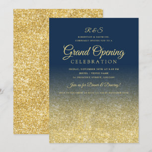 Corporate Grand Opening Gold Glam Glitter Navy Invitation