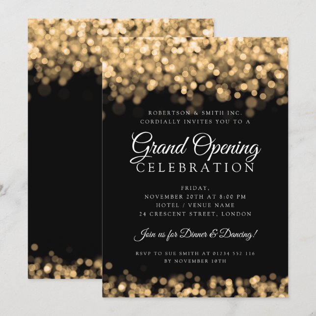 Corporate Grand Opening Gold Shimmering Lights  Invitation (Front/Back)