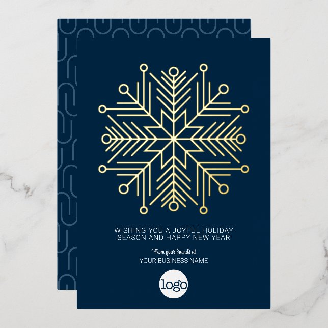 Corporate Greeting - Snowflake with Navy Blue Gold Foil Holiday Card (Front/Back)