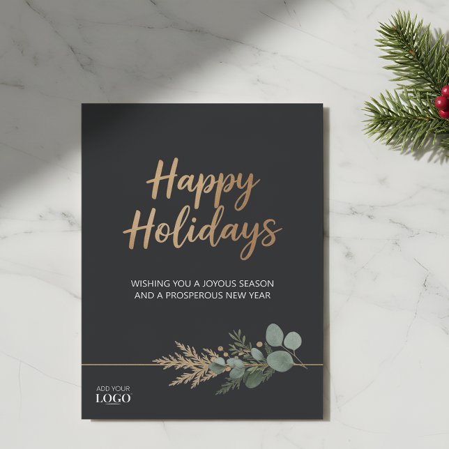 Corporate Happy Holidays Black & Gold Holiday Logo Card (Creator Uploaded)