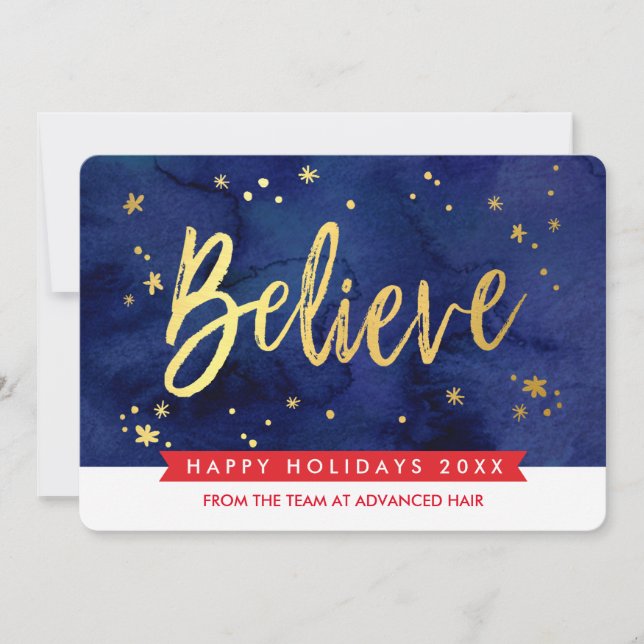 CORPORATE HOLIDAY believe script navy red gold Card (Front)