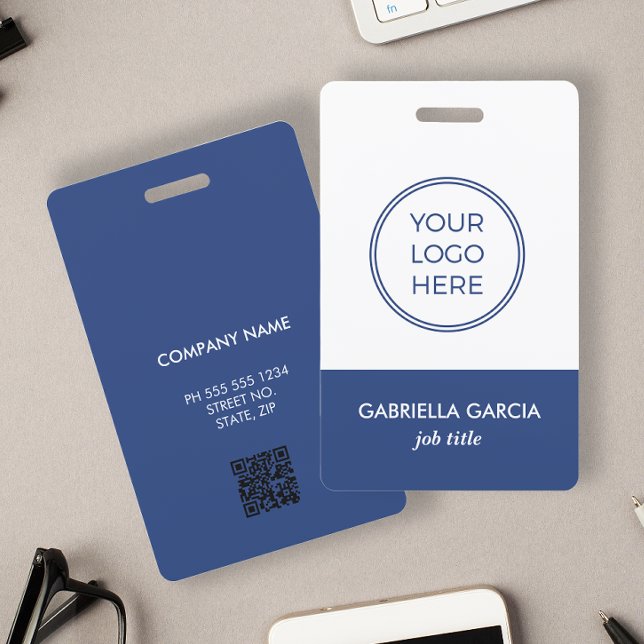 Corporate Logo Employee Blue ID badge (Personalize this double sided badge with logo, name, title, QR Code and business info.)