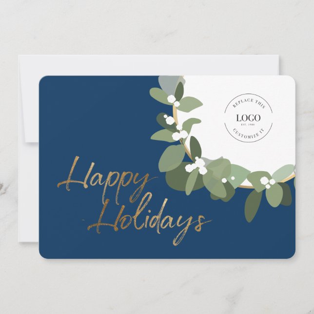 Corporate Logo Gold Happy Holidays Blue Modern Holiday Card (Front)