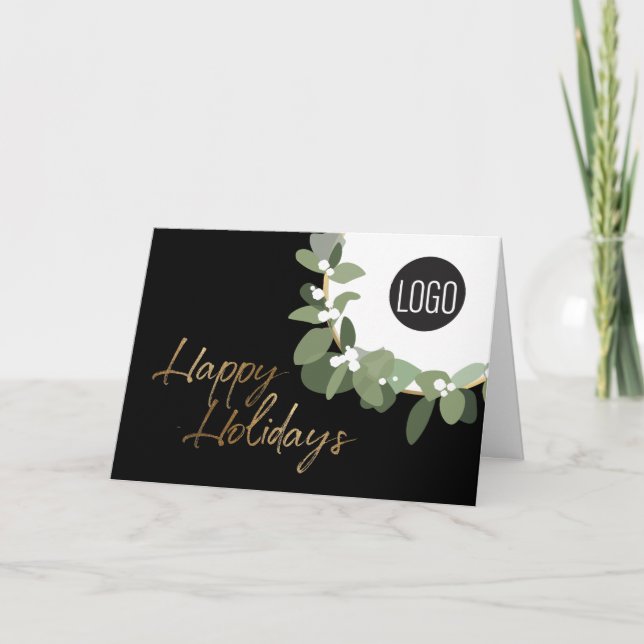 Corporate Logo Happy Holidays Wreath Custom Holiday Card (Front)