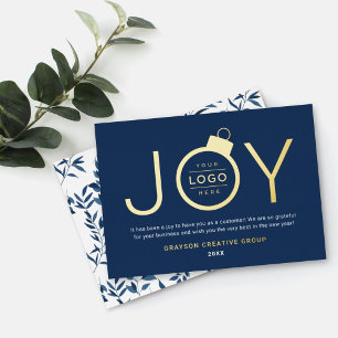 Corporate Logo Joy Ornament Navy Blue Gold Foil Holiday Card