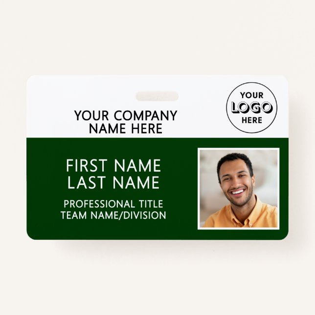 Corporate Logo Photo ID Barcode Dark Green Name Badge (Front)