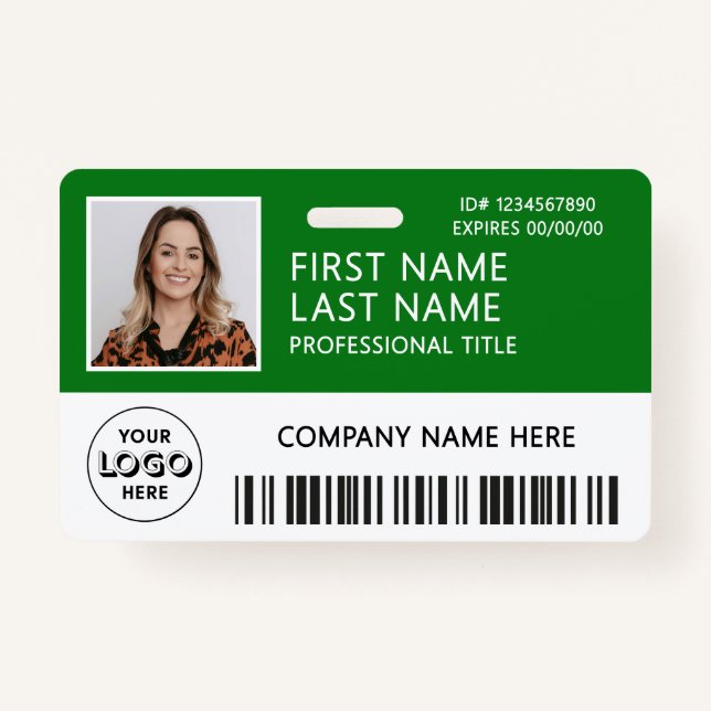 Corporate Logo Photo ID Barcode Green Name Badge (Front)