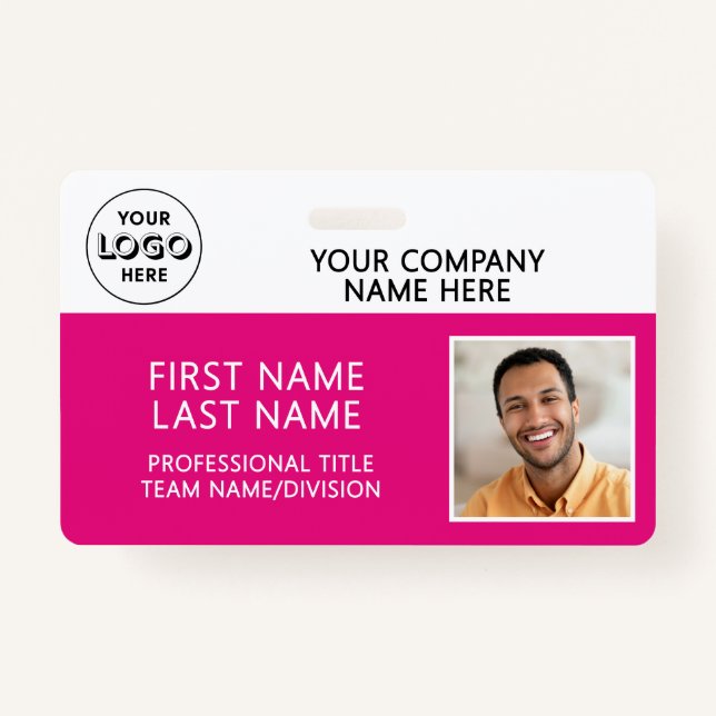Corporate Logo Photo ID Barcode Hot Pink Name Badge (Front)