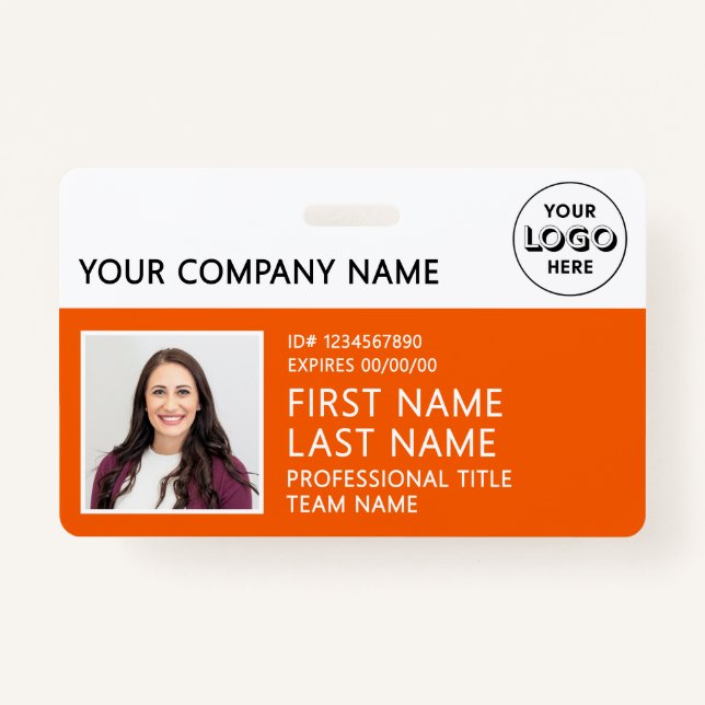Corporate Logo Photo ID Barcode Orange Name  Badge (Front)
