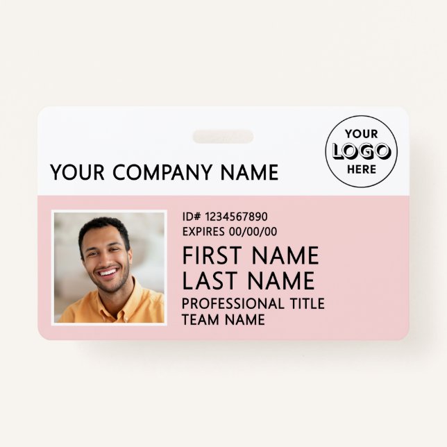Corporate Logo Photo ID Barcode Pink Name  Badge (Front)