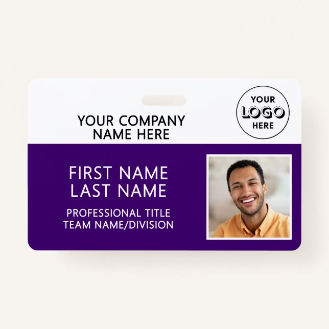 Corporate Logo Photo ID Barcode Purple Name Badge (Front)