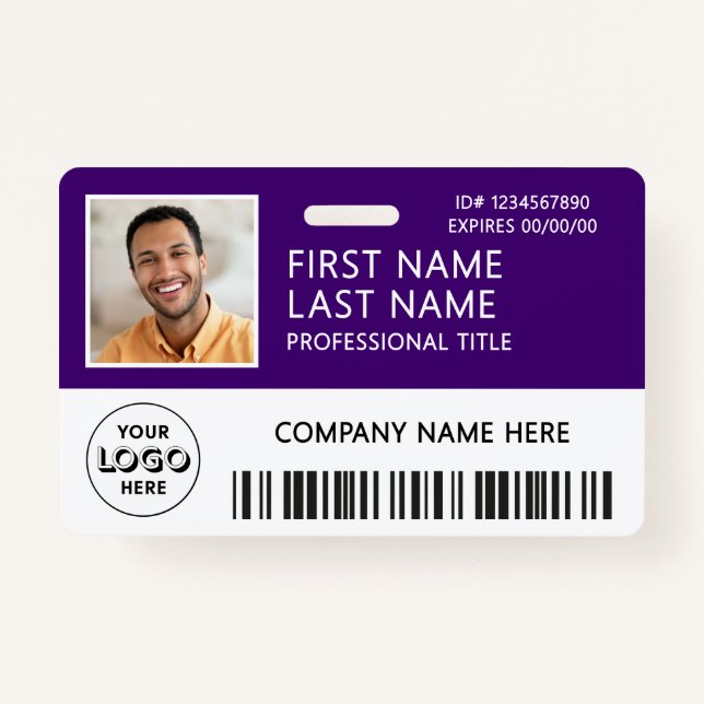 Corporate Logo Photo ID Barcode Purple Name Badge (Front)