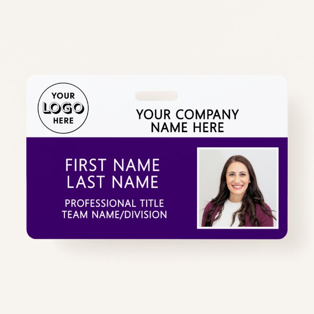 Corporate Logo Photo ID Barcode Purple Name Badge (Front)