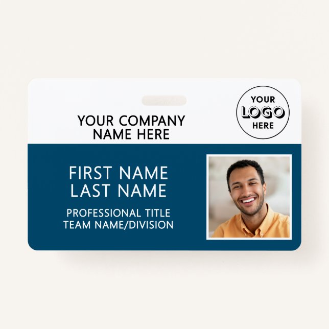 Corporate Logo Photo ID Barcode Teal Blue Name Badge (Front)
