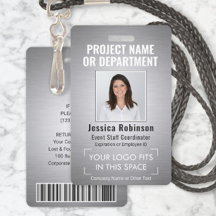 Corporate Logo Photo ID QR Barcode Brushed Grey Badge
