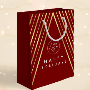 Corporate Logo Red & Gold Geometric Christmas Tree Medium Gift Bag