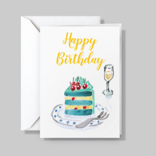 Corporate Logo Simple Blue Cherry Cake Birthday Card