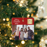 Corporate photo logo Christmas modern red Ceramic Ornament<br><div class="desc">Classic red background colour,  white text.  Text: Merry Christmas.  Personalize and add you business logo,  photo and a year.</div>