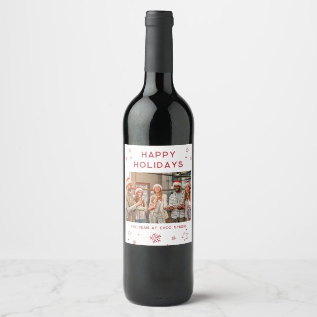 Corporate Photo Modern Christmas Holiday Script Wine Label (Front)
