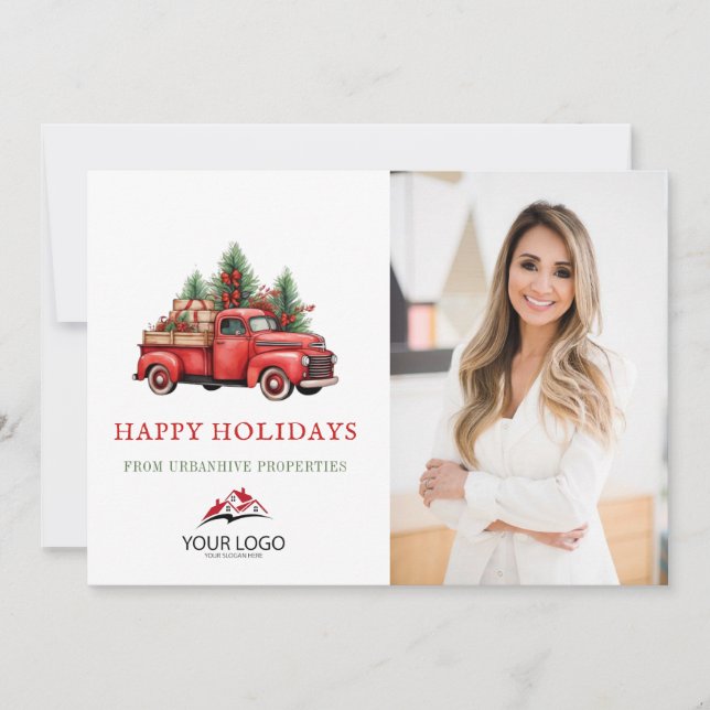 Corporate Red Christmas Truck Real Estate Photo Holiday Card (Front)