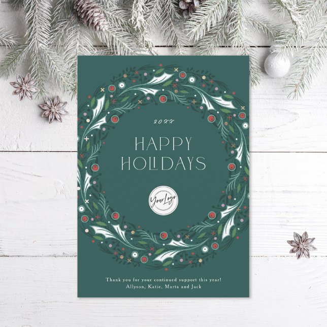 Corporate Retail Business Wreath Turquoise Holiday Card (Creator Uploaded)