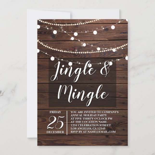 Corporate Rustic Wood String Lights Jingle Mingle Invitation (Front)