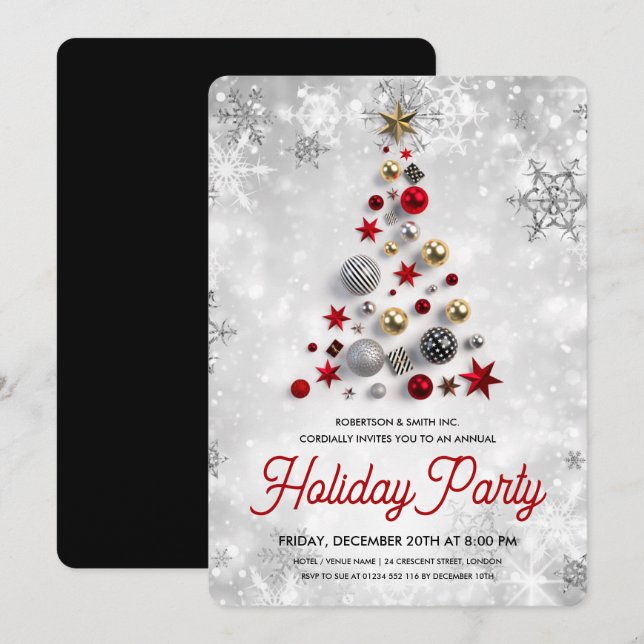 Corporate Xmas Tree Holiday Winter Wonder Silver Invitation (Front/Back)