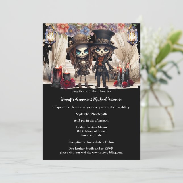 Corpse bride groom skeleton couple wedding chic invitation (Standing Front)