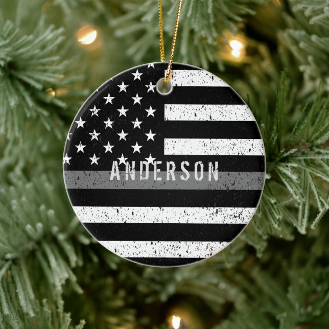 Corrections distressed Thin Grey Line with name Ceramic Ornament (Tree)