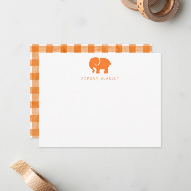 Correspondance Carte de note bébé, carte plate à carreaux orange  (Devant/Arrière en situation)