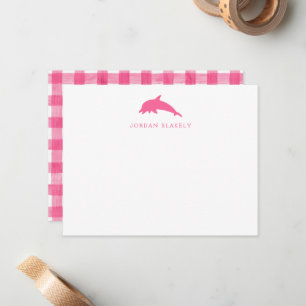 Correspondance Carte de note bébé, gingham dauphin rose plat