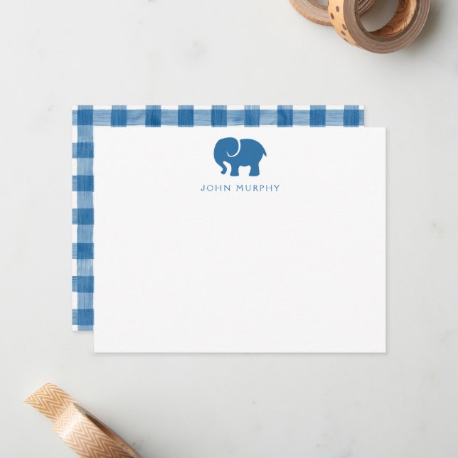 Correspondance Carte de note bébé, Gingham éléphant bleu plat (Devant/Arrière en situation)