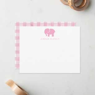 Correspondance Carte de note bébé, gingham éléphant rose clair pl