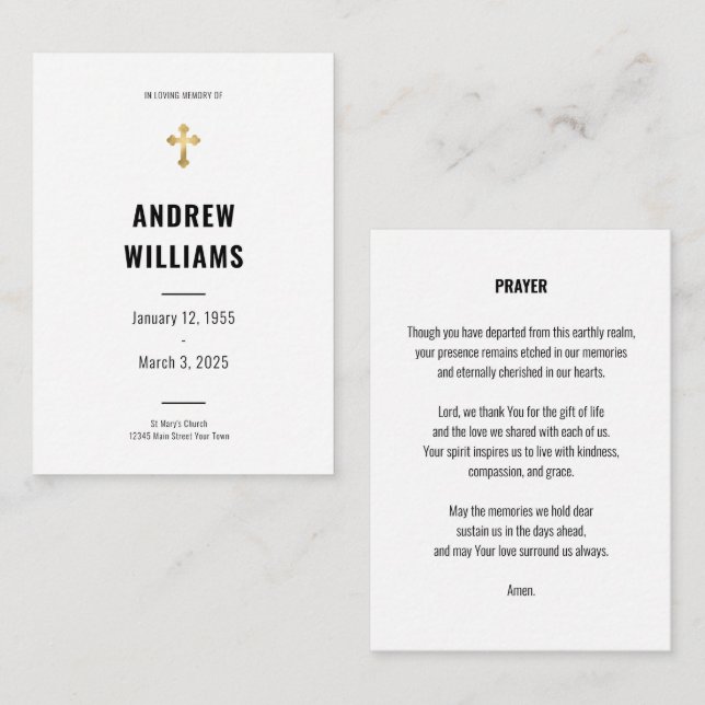 Correspondance Carte de prière funéraire simple noir et blanc (Devant / Derrière)
