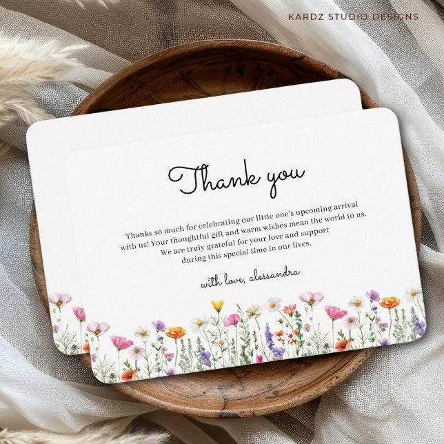 Correspondance Carte de remerciements Fleur sauvage Baby shower n (Thanks Card shown in 3.5 x 5 inches with rounded corners. Personalize, choose size and corner style.)