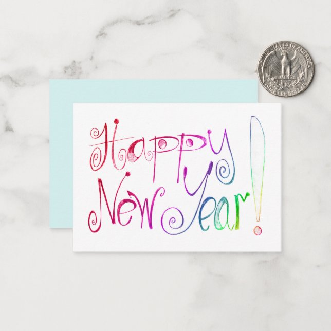 Correspondance Carte de vœux Bonne Année lettrage main arc-en-cie (Devant/Arrière en situation)