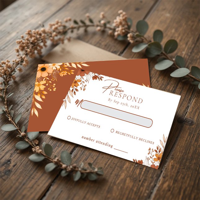 Correspondance Élégante carte de réponse de mariage florale en te (Elegant Terracotta Floral Wedding RSVP Note Card)