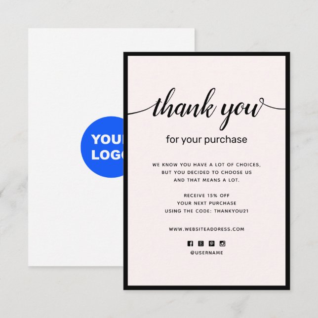 Correspondance Merci rose pour votre carte de billet d'achat (Devant / Derrière)