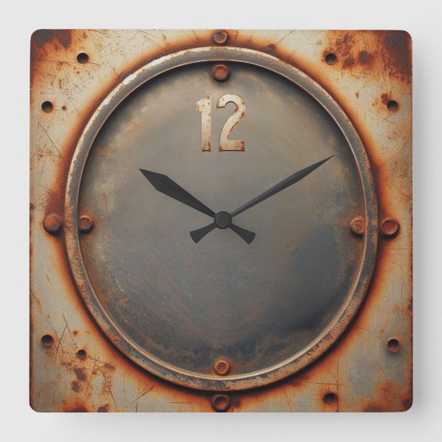 corroded steel square wall clock (Front)