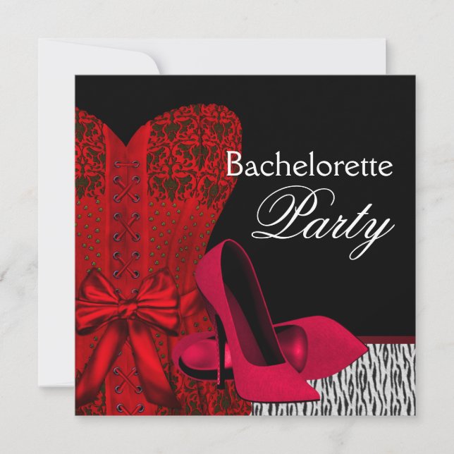 Corset High Heels Red Zebra Bachelorette Party Invitation (Front)