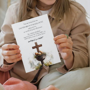 Corss and Eggs in Basket and Eggs Hunt Invitation