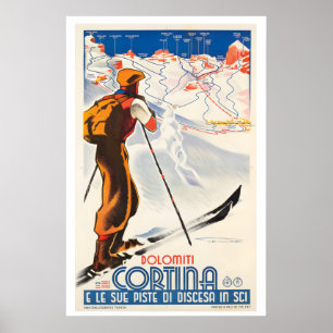Cortina Dolomites Italie Affiche Vintage Ski