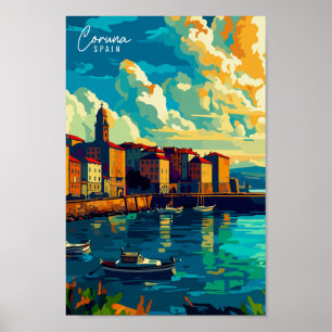 Coruna Spain vintage travel illustration Poster